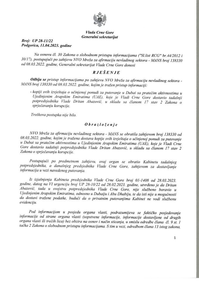 Информација којој је приступ одбијен по захтјеву НВО Мреже за афирмацију невладиног сектора МАНС од 08.03.2022. године – УП 28-11/22