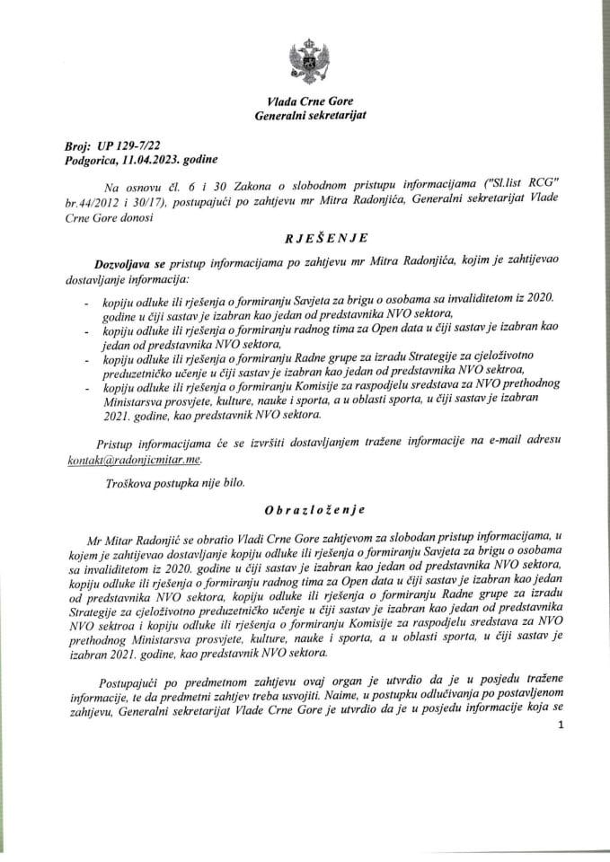Информација којој је приступ одобрен по захтјеву мр Митра Радоњића – УП 129-7/22