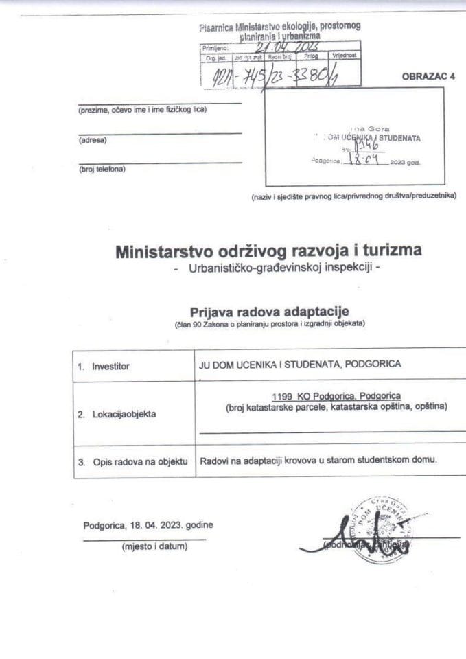 Prijava radova adaptacije - 121-745-23-3380-1 JU DOM UCENIKA I STUDENATA PODGORICA