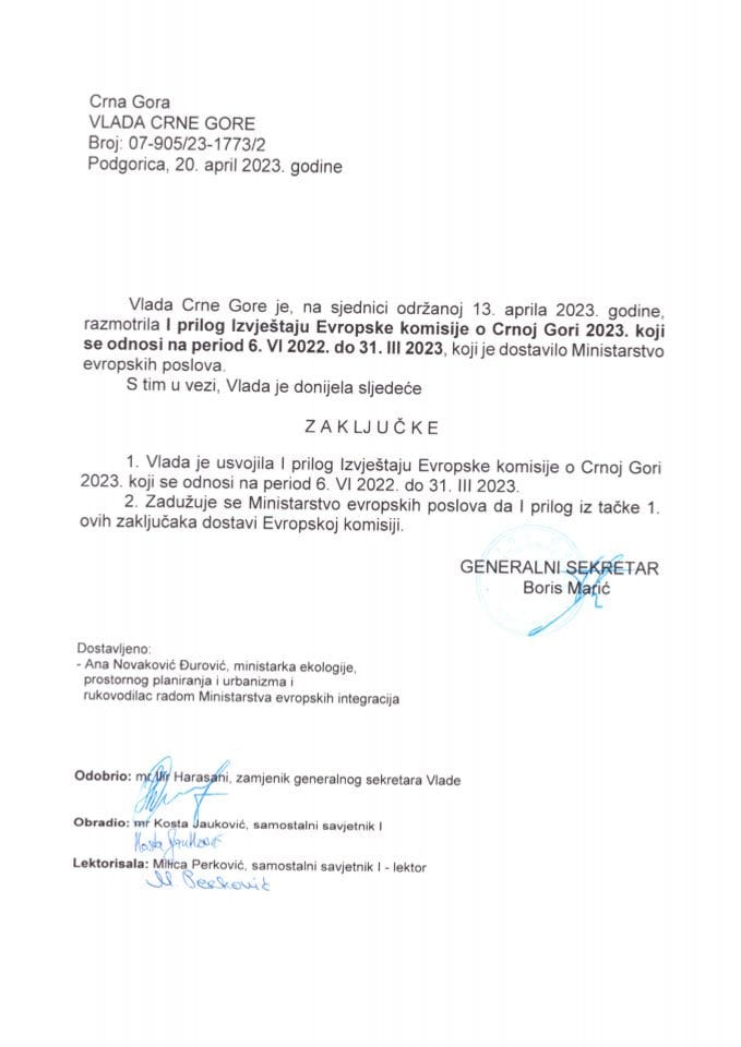 Predlog I priloga Izvještaju Evropske komisije o Crnoj Gori 2023. koji se odnosi na period 6. VI 2022. do 31. III 2023. - zaključci