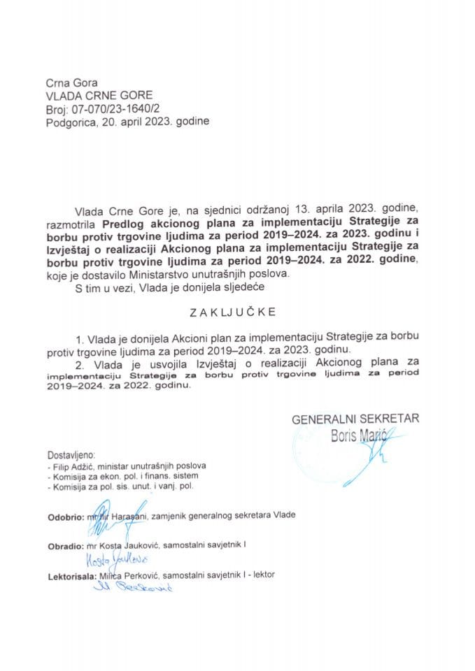 Predlog akcionog plana za implementaciju Strategije za borbu protiv trgovine ljudima za period 2019-2024. za 2023. godinu i Izvještaj o realizaciji Akcionog plana za implementaciju Strategije za borbu protiv trgovine ljudima 2019-2024. za 2022. - zaključci