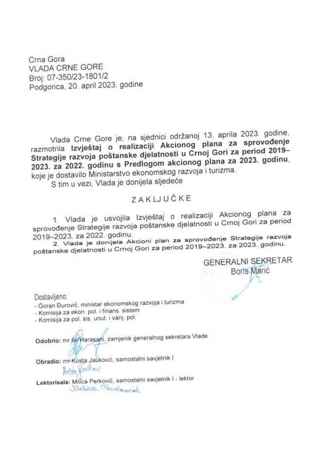 Izvještaj o realizaciji Akcionog plana za sprovođenje Strategije razvoja poštanske djelatnosti u Crnoj Gori za period 2019 – 2023, za 2022. godinu sa Predlogom akcionog plana za 2023. godinu - zaključci