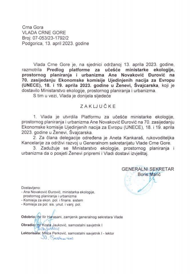 Predlog platforme za učešće ministarke ekologije, prostornog planiranja i urbanizma Ane Novaković Đurović na 70. zasijedanju Ekonomske komisije Ujedinjenih nacija za Evropu (UNECE), 18-19. april 2023. godine, Ženeva, Švajcarska - zaključci