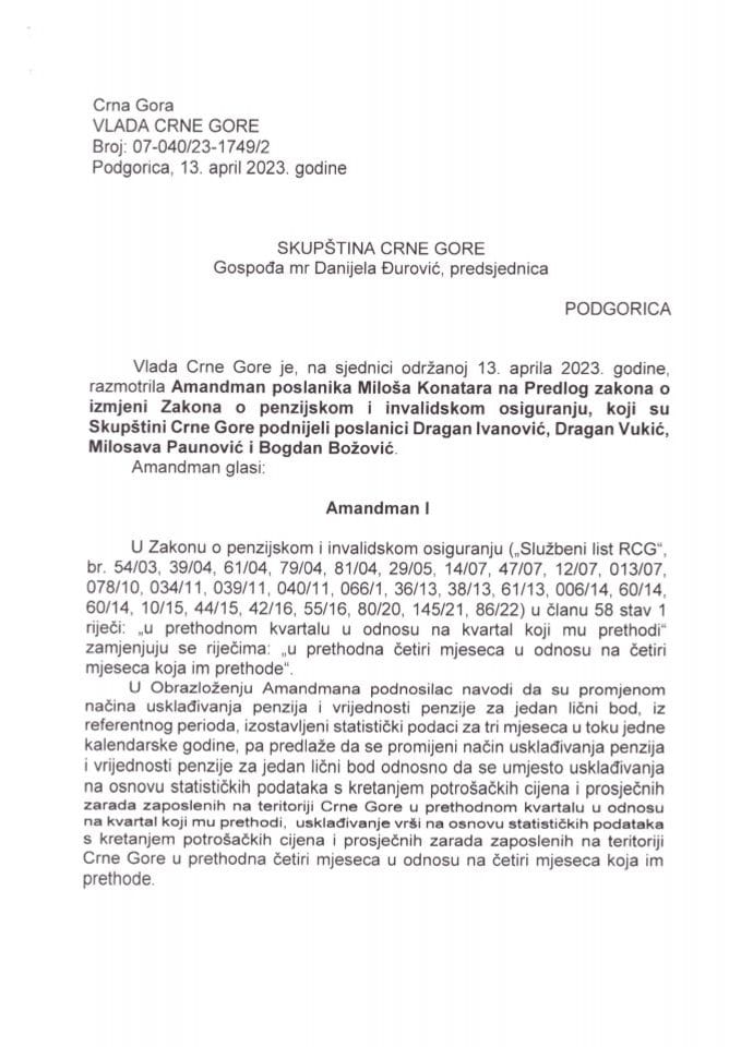 Predlog mišljenja na amandman na Predlog zakona o izmjeni Zakona o penzijskom i invalidskom osiguranju (koji je podnio poslanik Miloš Konatar) - zaključci