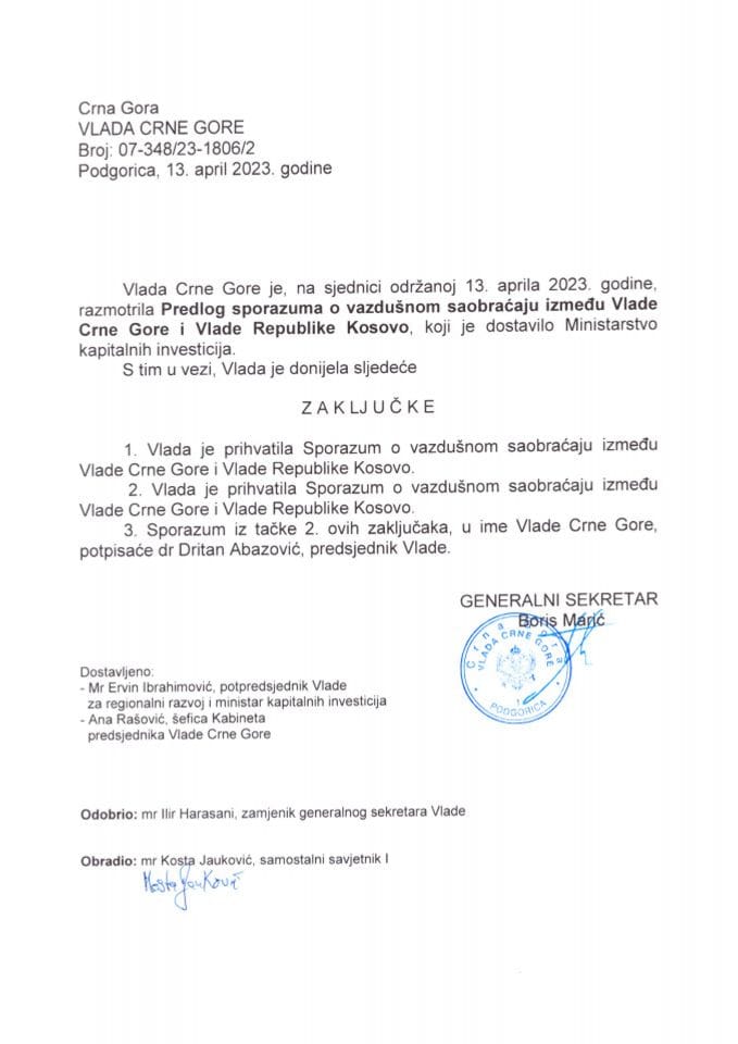 Predlog sporazuma o vazdušnom saobraćaju između Vlade Crne Gore i Vlade Republike Kosovo - zaključci