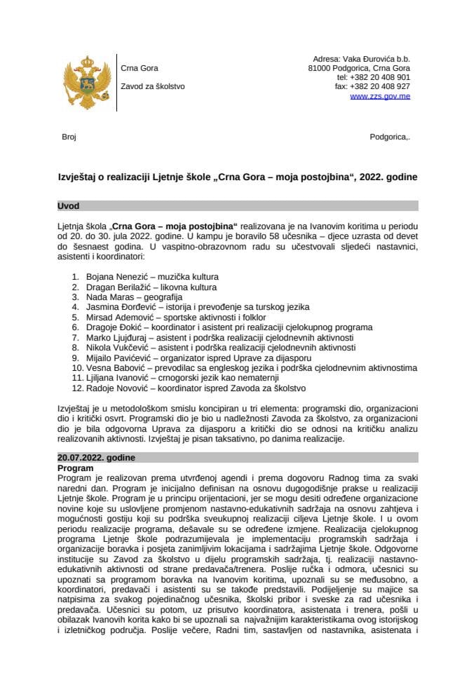 Izvještaj o realizovanoj Ljetnjoj školi "Crna Gora -moja postojbina" 2022.
