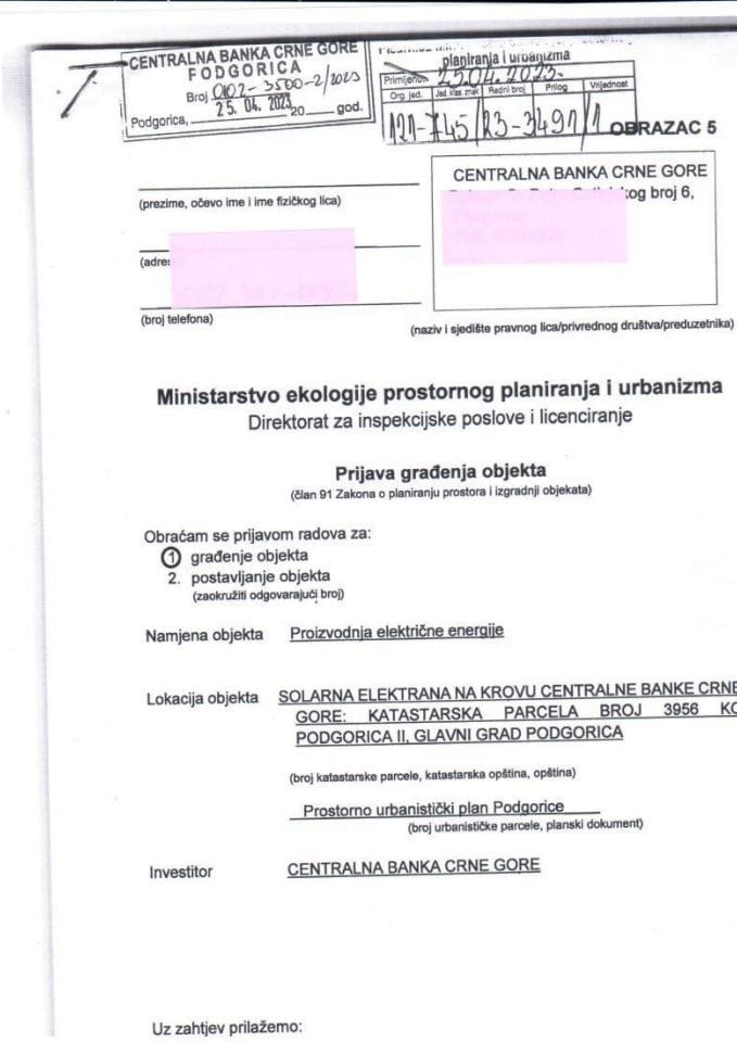 Пријава грађења објекта - 121-745-23-3491-1 ЦЕНТРАЛНА БАНКА ЦРНЕ ГОРЕ
