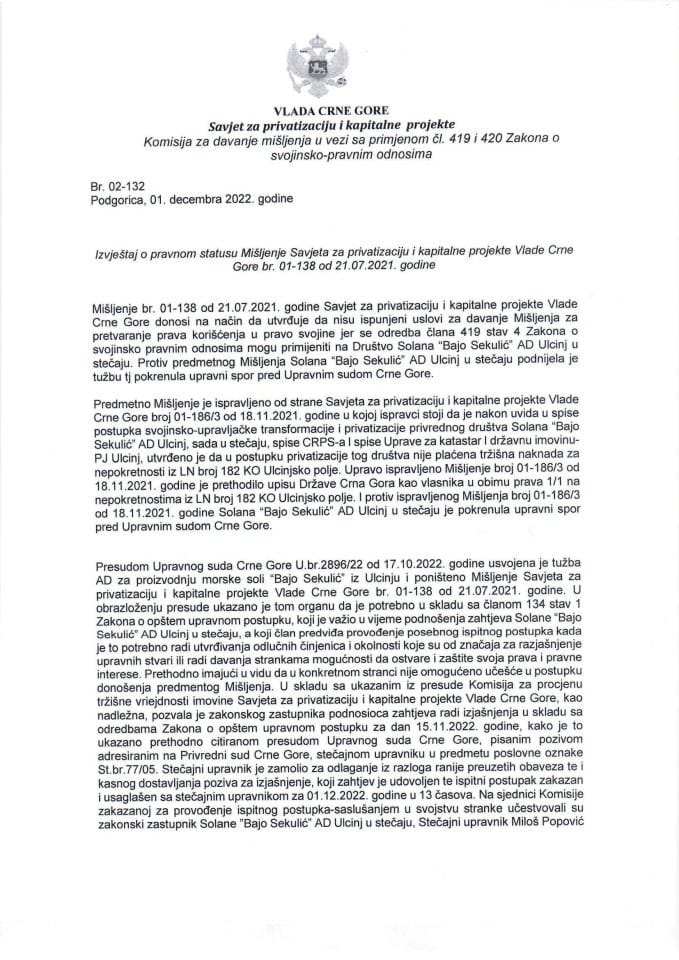 Izvještaj o pravnom statusu Mišljenja Savjeta za privatizaciju i kapitalne projekte Vlade Crne Gore br. 01-138 od 21.07.2021. godine sa Predlogom zaključka