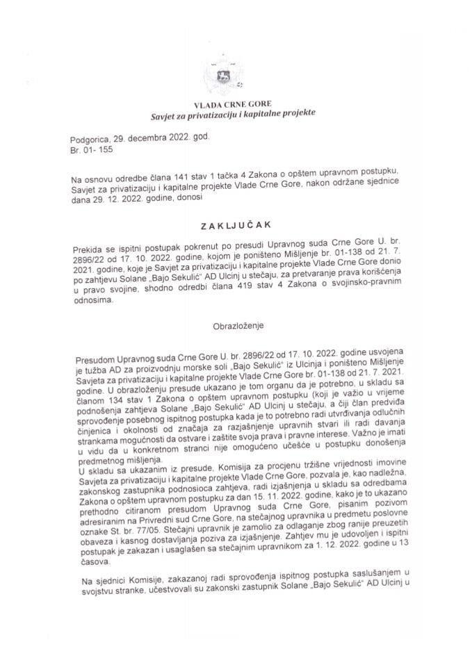Izvještaj o pravnom statusu Mišljenja Savjeta za privatizaciju i kapitalne projekte Vlade Crne Gore br. 01-138 od 21.07.2021. godine sa Predlogom zaključka - zaključci