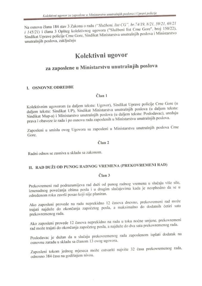 Kolektivni ugovor za zaposlene u Ministarstvu unutrašnjih poslova