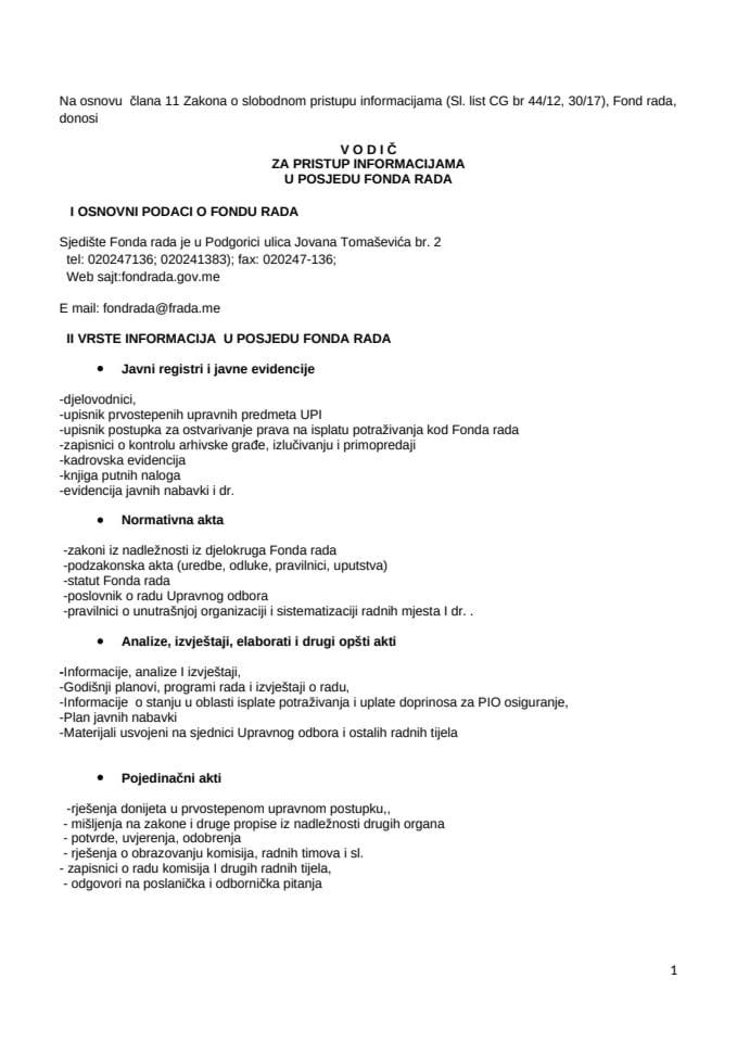 Водич за слободан приступ информацијама  - Фонд рада