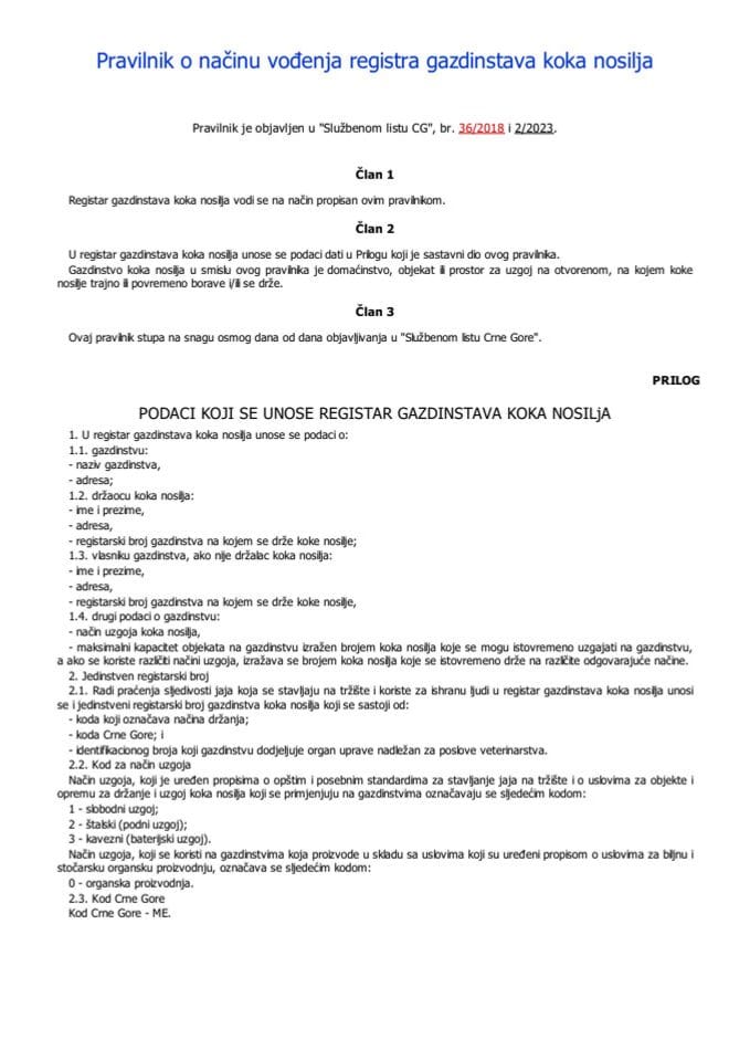 Pravilnik o nacinu vodjenja registracije gazdinstava sa kokama nosiljama
