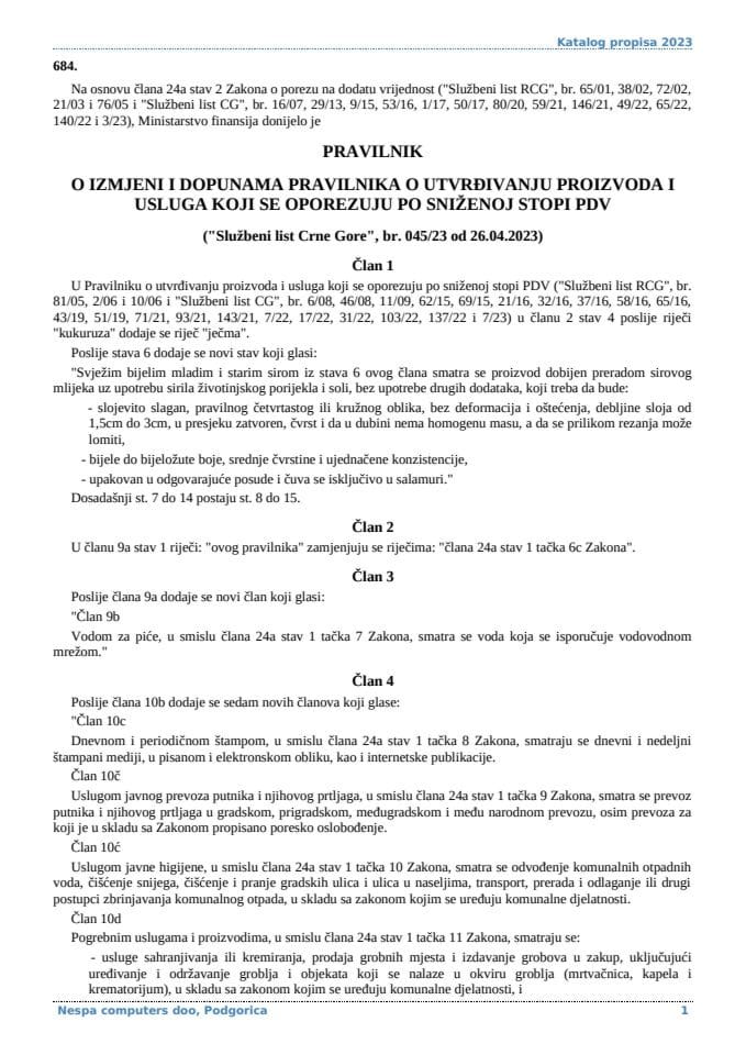 Pravilnik o izmjeni i dopunama Pravilnika o sniženoj stopi PDV