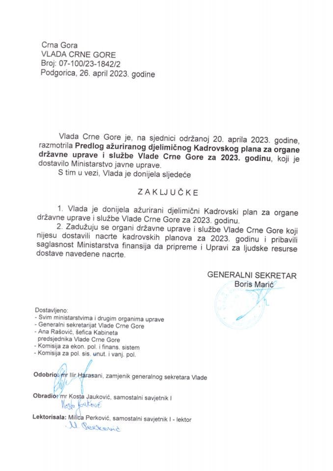 Predlog ažuriranog Djelimičnog kadrovskog plana za organe državne uprave i službe Vlade Crne Gore za 2023. godinu - zaključci