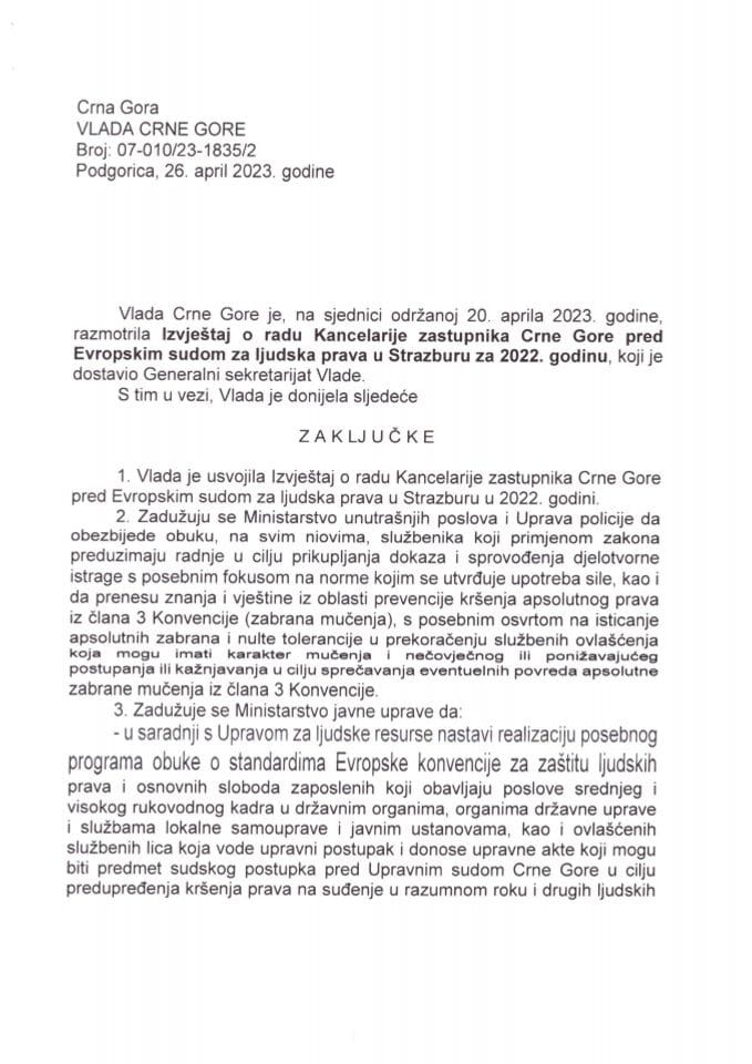 Izvještaj o radu Kancelarije zastupnika Crne Gore pred Evropskim sudom za ljudska prava u Strazburu za 2022. godinu - zaključci