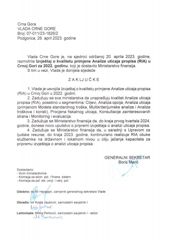 Izvještaj o kvalitetu primjene analize uticaja propisa (RIA) u Crnoj Gori za 2022. godinu (bez rasprave) - zaključci