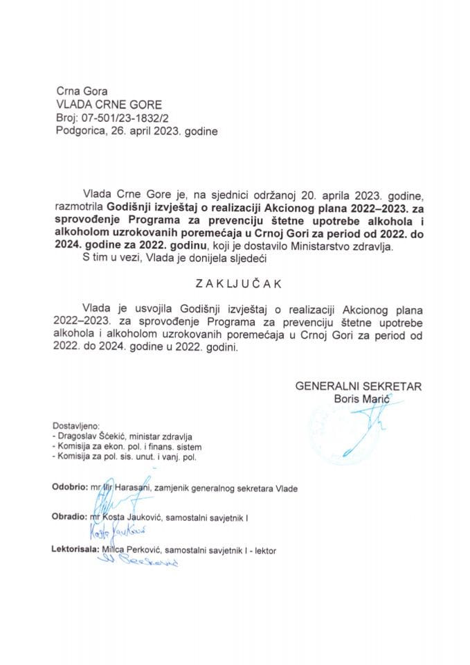 Godišnji izvještaj o realizaciji Akcionog plana 2022-2023 za sprovođenje Programa za prevenciju štetne upotrebe alkohola i alkoholom uzrokovanih poremećaja u Crnoj Gori za period od 2022. do 2024. godine, za 2022. godinu (bez rasprave) - zaključci