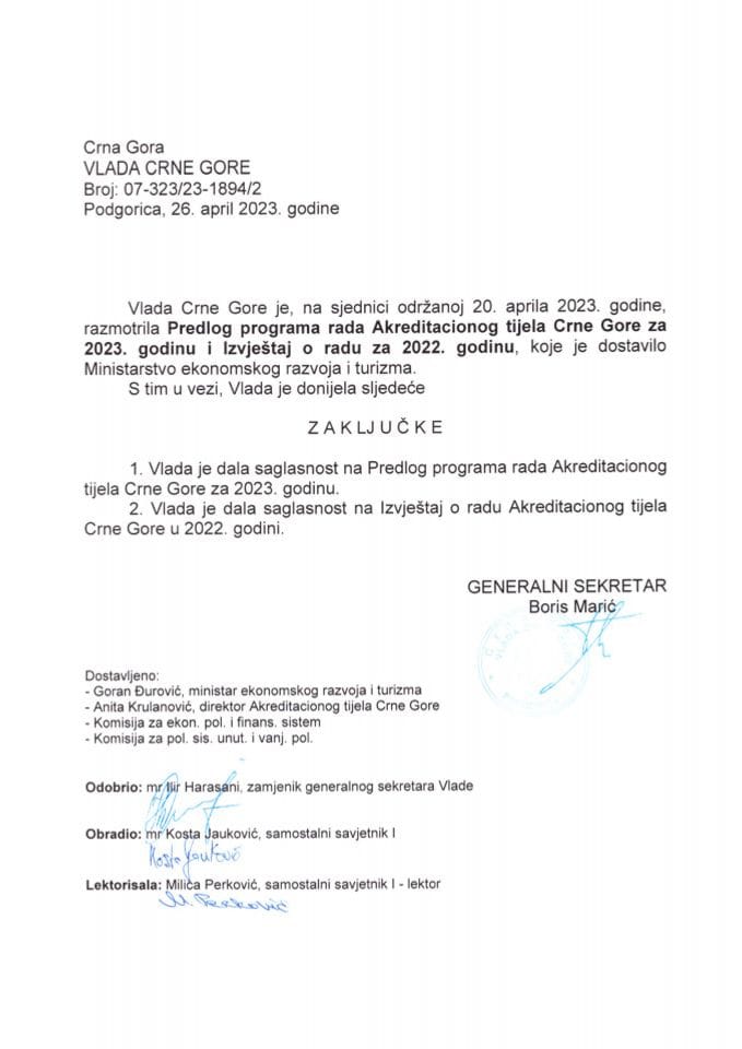Предлог програма рада Акредитационог тијела Црне Горе за 2023. годину и Извјештај о раду Акредитационог тијела Црне Горе за 2022. годину (без расправе) - закључци
