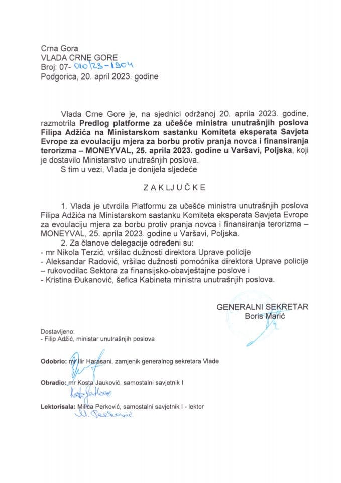 Предлог платформе за учешће министра унутрашњих послова Филипа Аџића, на министарском састанку Комитета експерата СЕ за евоулацију мјера за борбу против прања новца и финансирања тероризма - MONEYVAL, 25. април 2023, Пољска - закључци