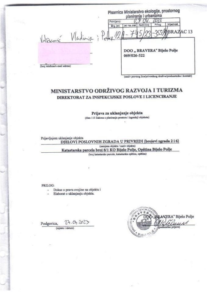 Prijava građenja objekta - 121-745-23-3551-1 DOO BRAVERA BIJELO POLJE