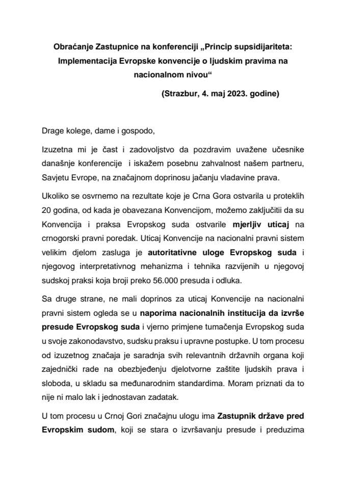 Govor Zastupnice Crne Gore pred ESLJP na konferenciji na temu principa supsidijariteta (Strazbur, 4. maj 2023. godine) MNE