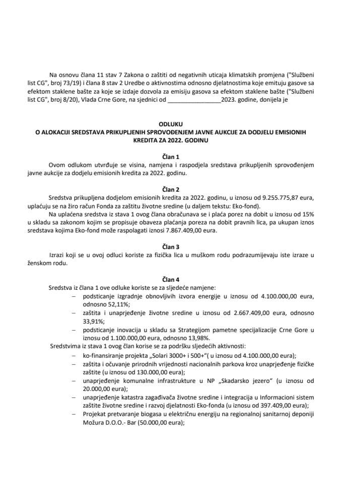 Предлог одлуке о алокацији средстава прикупљених спровођењем јавне аукције за додјелу емисионих кредита за 2022. годину