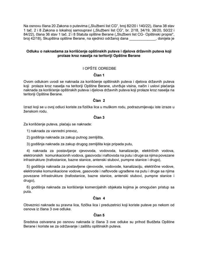 Предлог одлуке о накнадама за коришћење општинских путева и дјелова државних путева који пролазе кроз насеља на територији Општине Беране