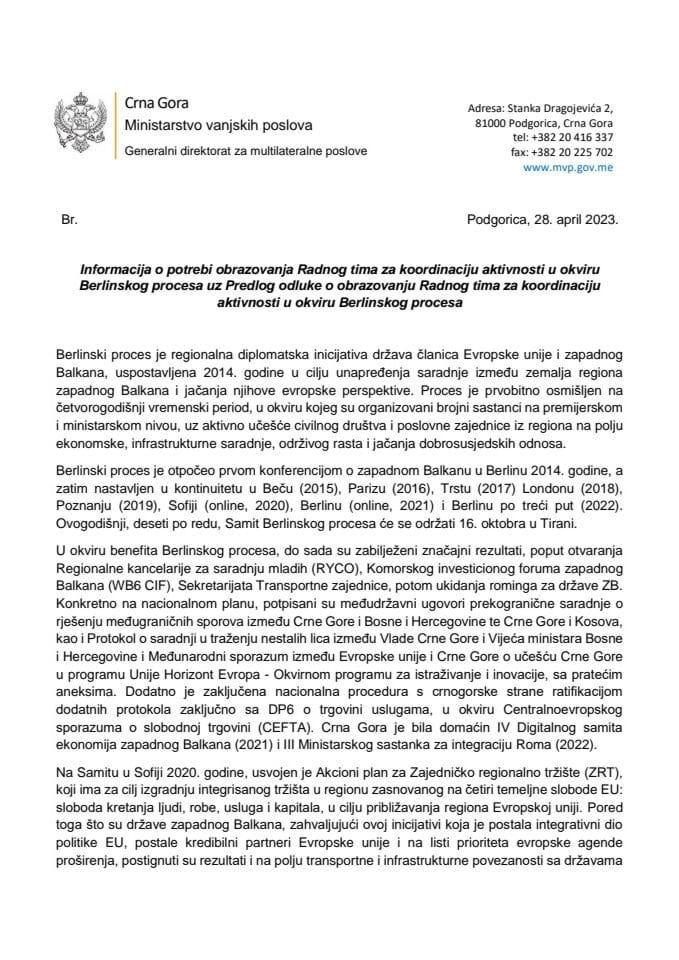 Информација о потреби образовања Радног тима за координацију активности у оквиру Берлинског процеса с Предлогом одлуке о образовању Радног тима за координацију активности у оквиру Берлинског процеса