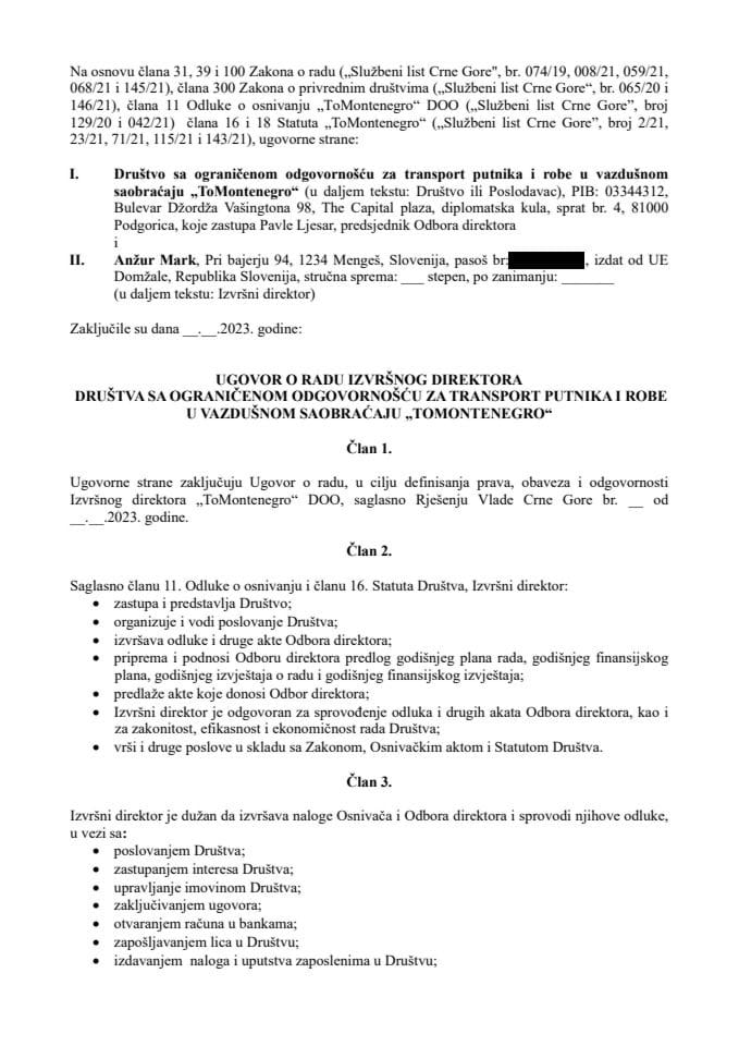 Предлог уговора о раду извршног директора Друштва са ограниченом одговорношћу за транспорт путника и робе у ваздушном саобраћају „To Montenegro“