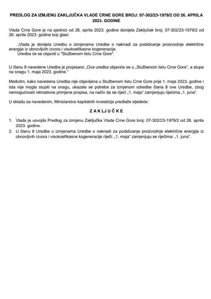 Предлог за измјену Закључка Владе Црне Горе, број: 07-302/23-1979/2, од 26. априла 2023. године