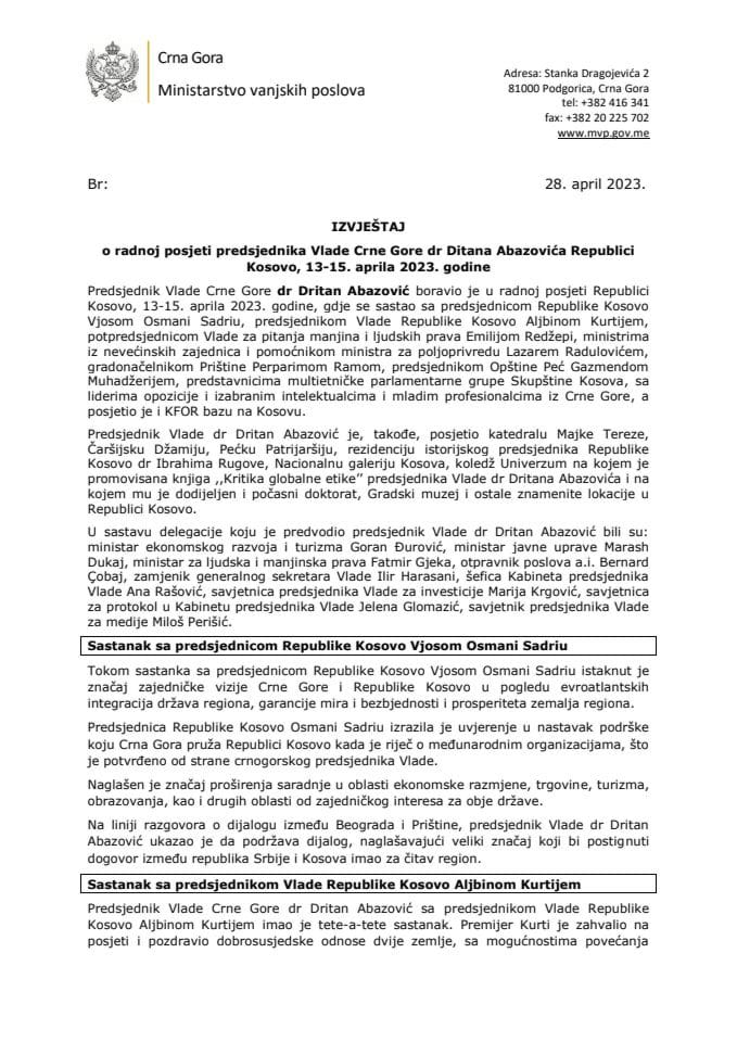 Извјештај о радној посјети предсједника Владе Црне Горе др Дритана Абазовића Републици Косово, 13-15. априла 2023. године