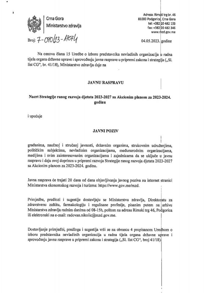 Javna rasprava nacrta strategije ranog razvoja djeteta 2023-2027 s akcionim planom