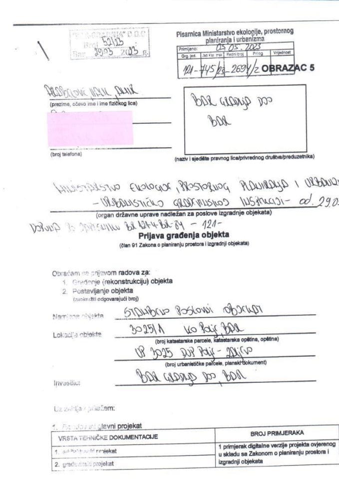 Prijava građenja objekta - 121-745-23-2694-2 BAR GRADNJA DOO BAR