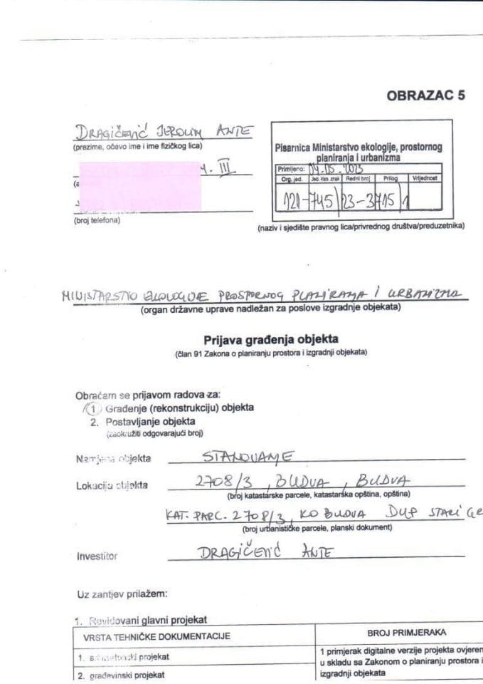 Prijava građenja objekta - 121-745-23-3715-1 DRAGIČEVIĆ ANTE