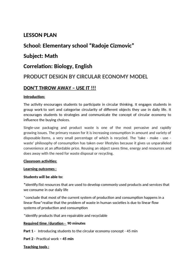 Лессон план Цирцулар ецономy, ОШ "Радоје Чизмовић" ЕН