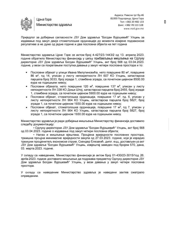 Predlog za dobijanje saglasnosti JZU Dom zdravlja “Bogdan Vujošević“ Ulcinj za izdavanje pod zakup dvije stomatološke ordinacije do momenta izmjene podzakonske regulative a ne duže od jedne godine i dva poslovna objekta na pet godina
