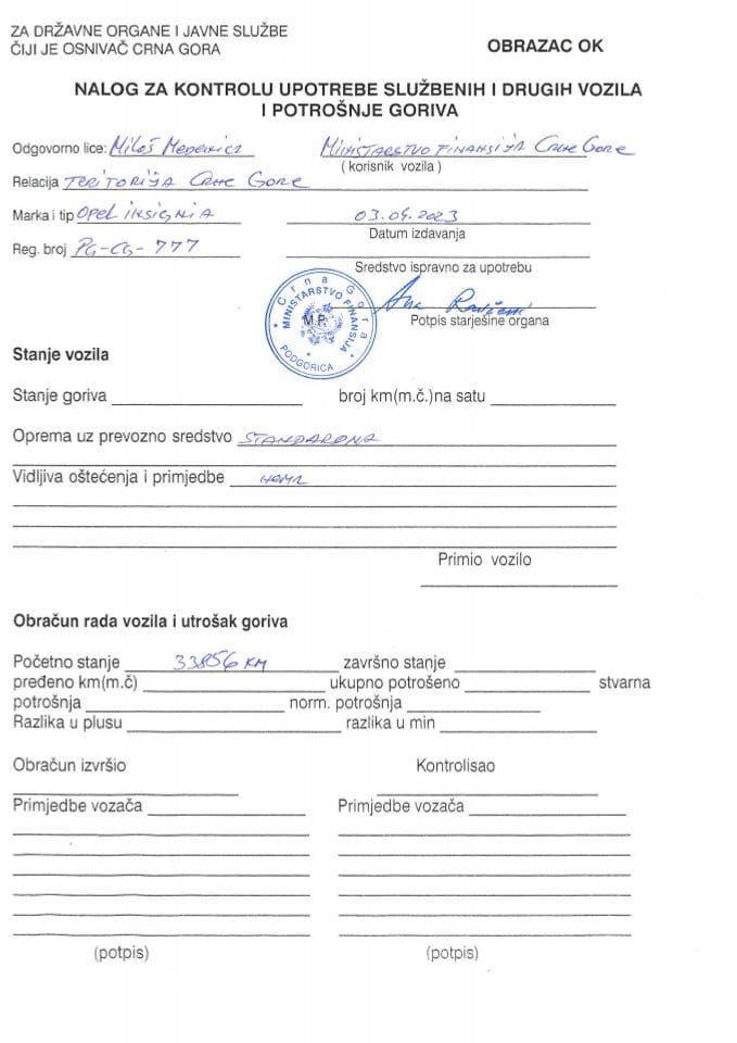 Путни налози за контролу употребе службених и других возила и потрошња горива, Министарство финансија, ПГ  ЦГ 777