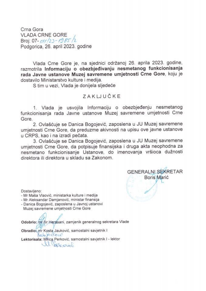 Informacija o obezbjeđivanju nesmetanog funkcionisanja rada Javne ustanove Muzej savremene umjetnosti Crne Gore - zaključci