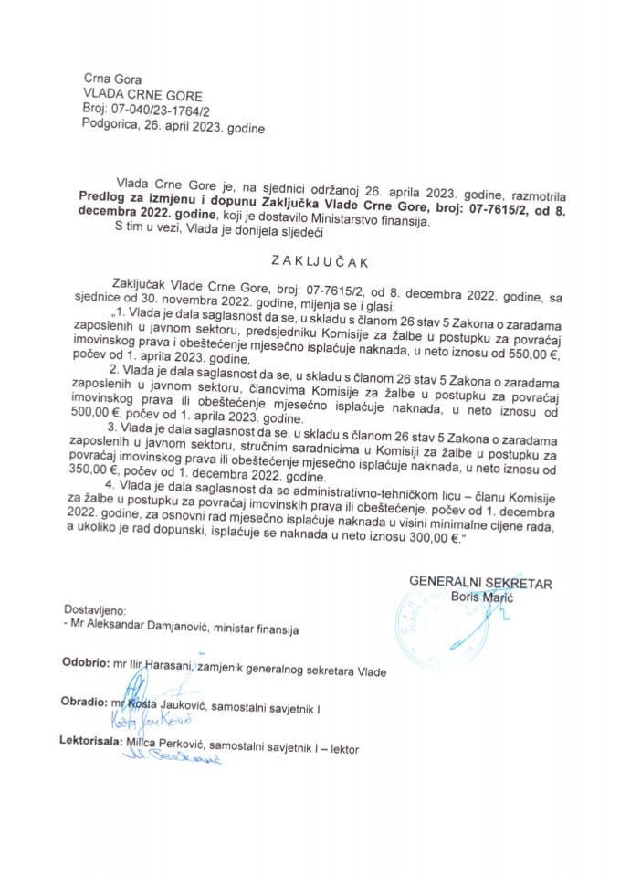 Predlog za izmjenu i dopunu Zaključka Vlade Crne Gore, broj: 07-7615/2, od 8. decembra 2022. godine - zaključci