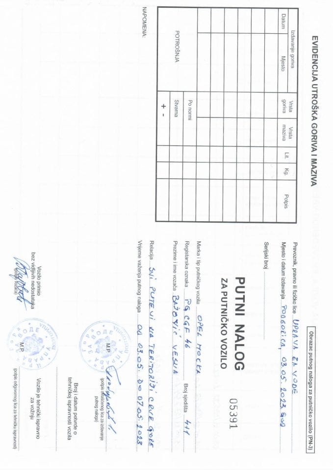 Путни налог за коришћење службеног возила  ПГ ЦГФ46 за период од 03.05.-07.05.2023.г..