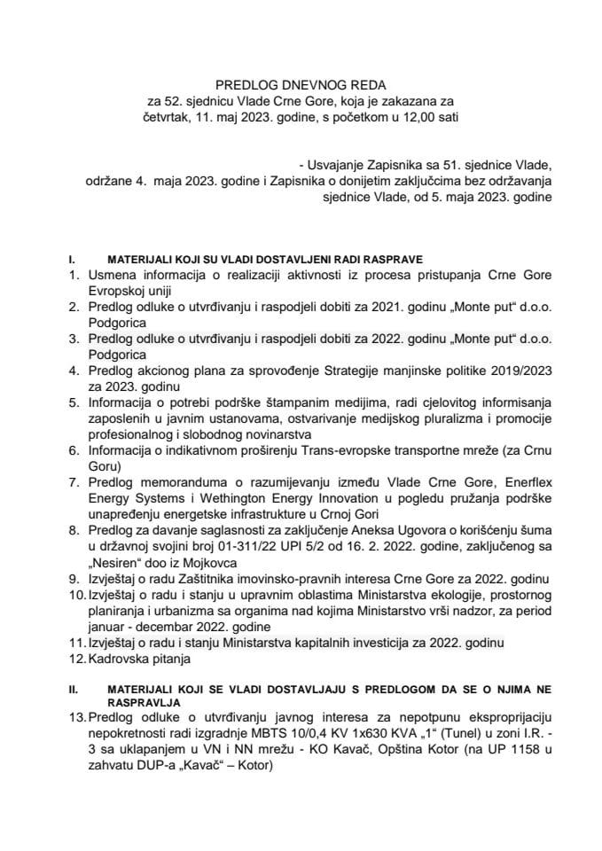 Предлог дневног реда за 52. сједницу Владе Црне Горе