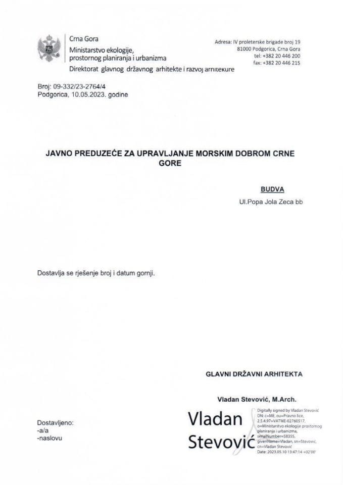 Rješenja glavnog državnog arhitekte - 10.05.2023 Rješenje -JAVNO PREDUZEĆE Z UPRAVLJANJE MORSKIM DOBROM CRNE GORE -Opština Herceg Novi