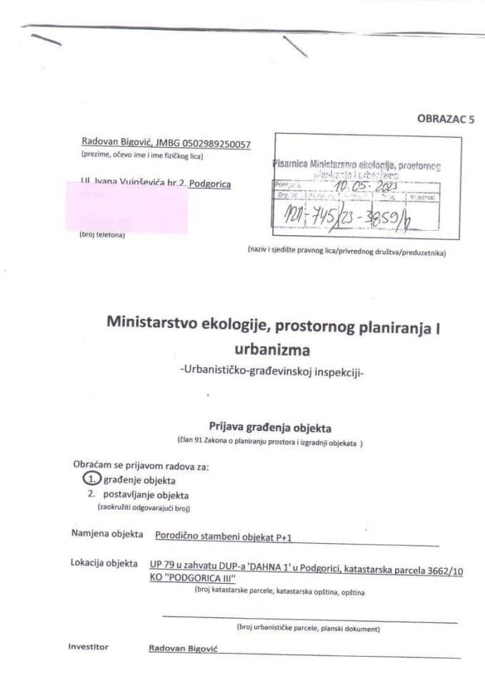 Prijava građenja objekta - 121-745-23-3859-1 RADOVAN BIGOVIĆ