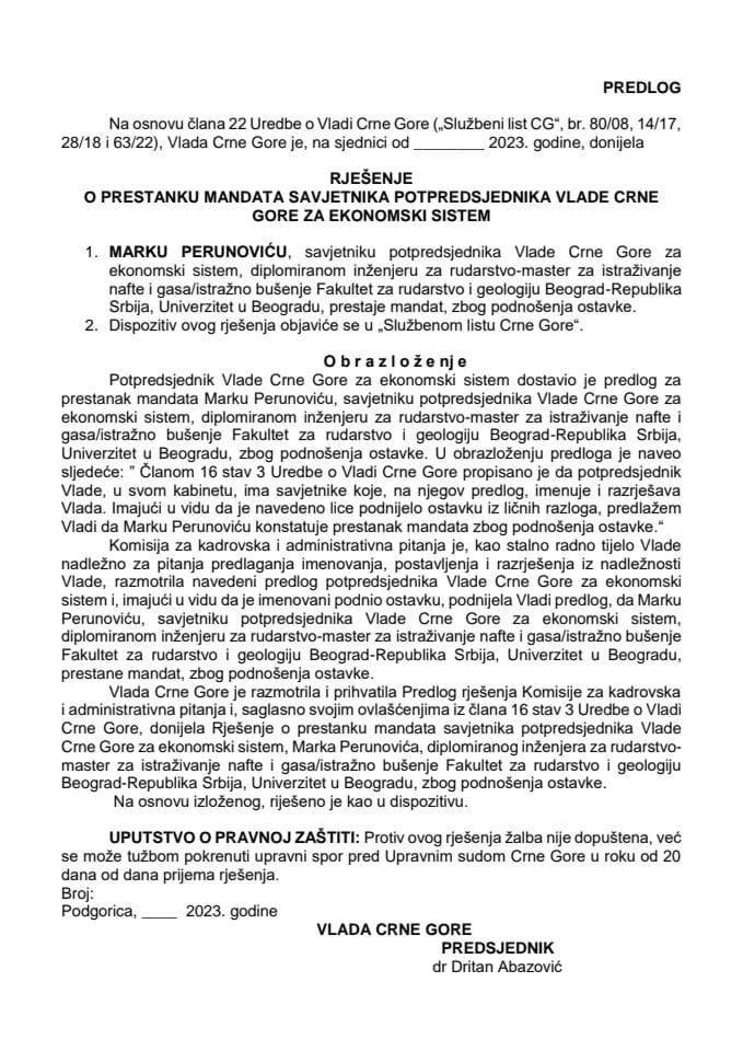 Predlog za prestanak mandata savjetnika potpredsjednika Vlade Crne Gore za ekonomski sistem