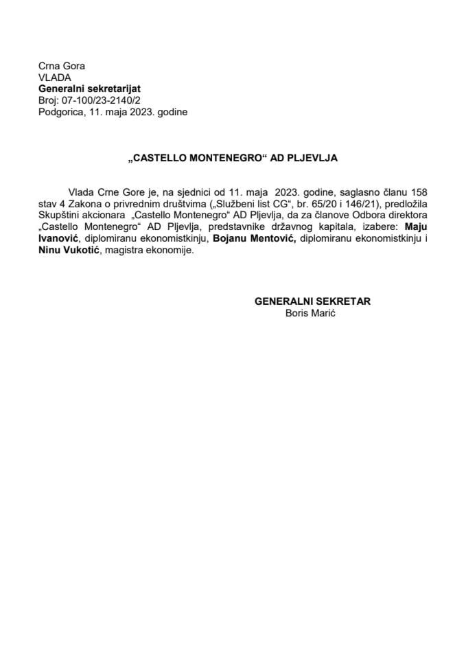 Предлог за избор чланова Одбора директора "Castello Montenegro" АД Пљевља