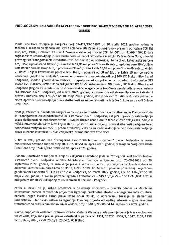 Predlog za izmjenu Zaključaka Vlade Crne Gore, broj: 07-422/23-1589/2, od 20. aprila 2023. godine, sa sjednice od 13. aprila 2023. godine