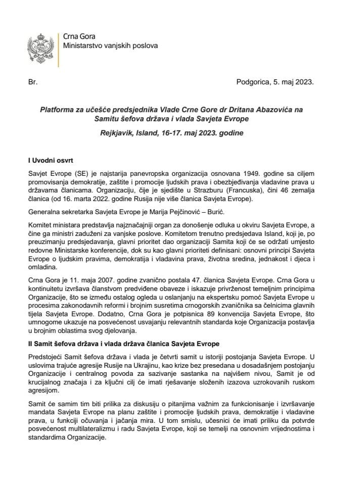 Predlog platforme za učešće predsjednika Vlade Crne Gore dr Dritana Abazovića na Samitu šefova država i vlada Savjeta Evrope, Rejkjavik, Island, 16-17. maj 2023. godine