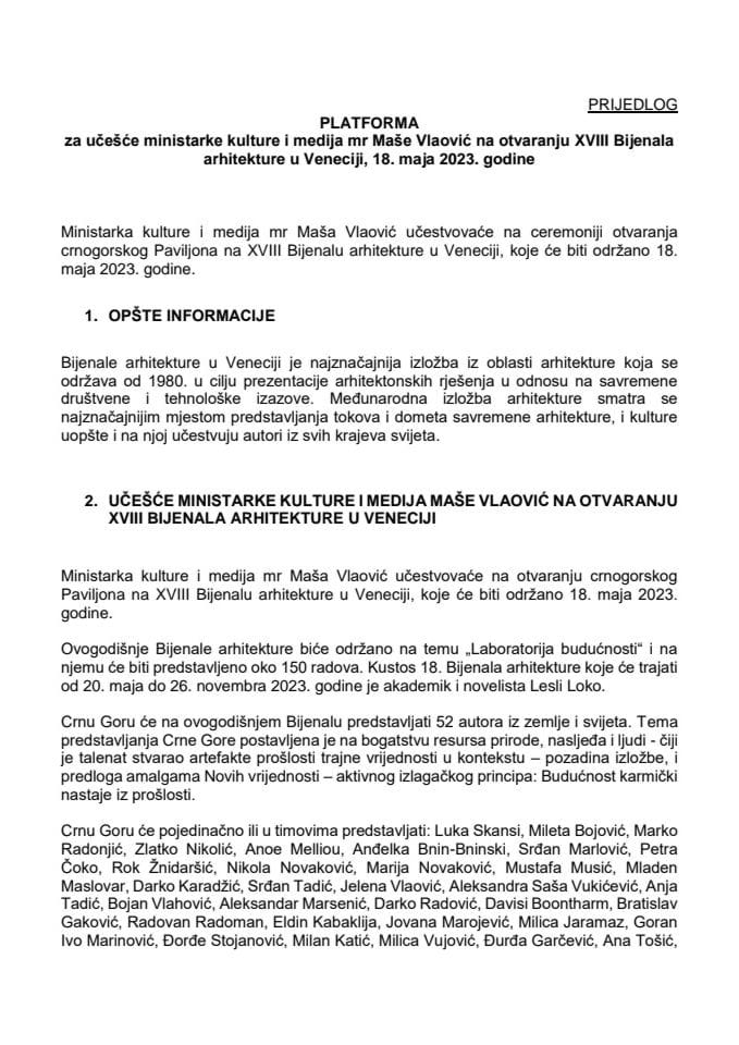 Predlog platforme za učešće ministarke kulture i medija mr Maše Vlaović na otvaranju XVIII Bijenala arhitekture u Veneciji, 18. maja 2023. godine