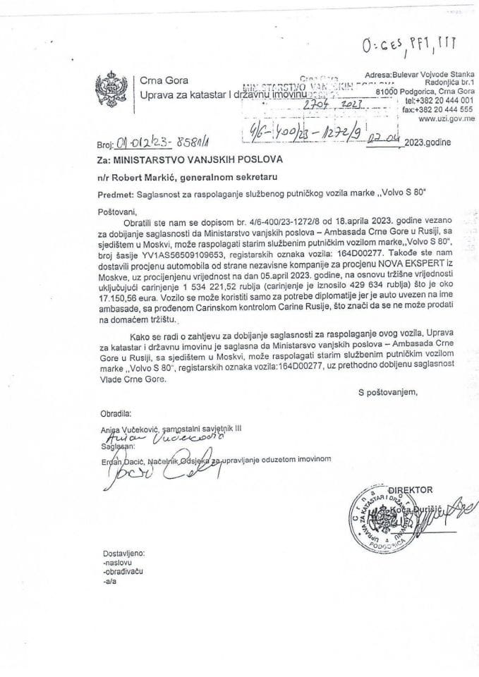 Predlog za davanje saglasnosti da Ministarstvo vanjskih poslova - Ambasada Crne Gore u Rusiji može raspolagati starim službenim putničkim vozilom marke „Volvo S 80“