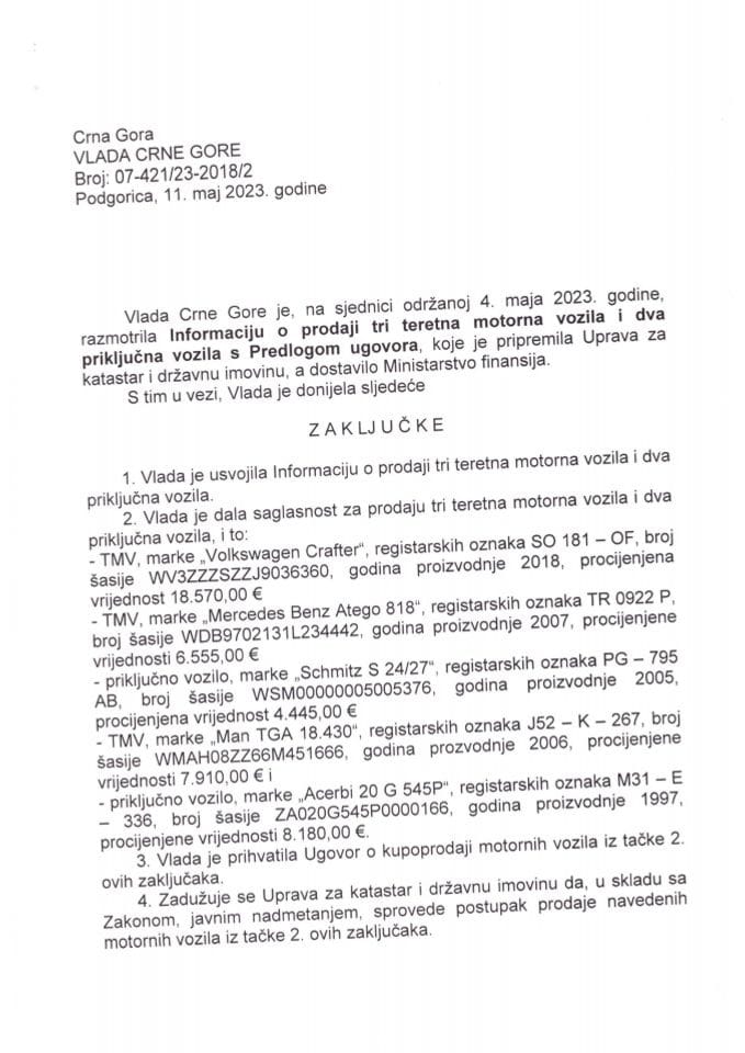 Информација о продаји три теретна моторна возила и два прикључна возила с Предлогом уговора (без расправе) - закључци